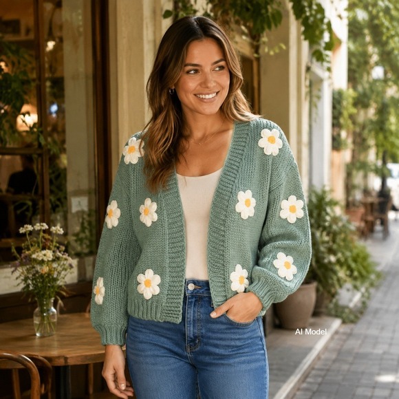 Altar'd State Sweaters - Altar'd State 3D Daisy Chunky Knit Cardigan Sage Green Small Whimsical Cottage